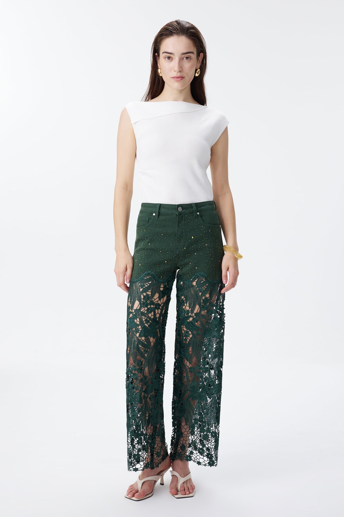 BAYEAS EVERGREEN HIGH RISE CRYSTAL EMBELLISHED LACE SPLICED WIDE LEG JEANS