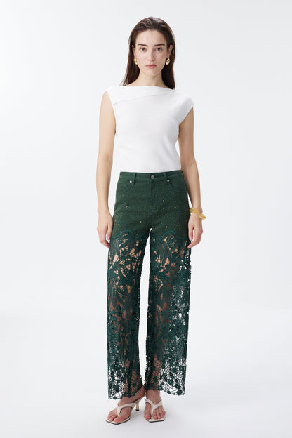 BAYEAS EVERGREEN HIGH RISE CRYSTAL EMBELLISHED LACE SPLICED WIDE LEG JEANS