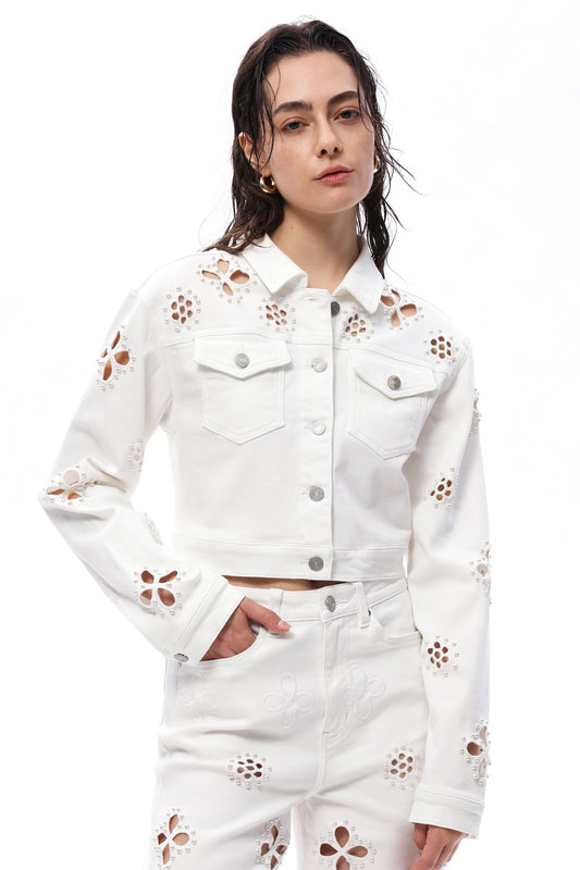 Bayeas Pear Eyelet Long Sleeve White Denim Jacket