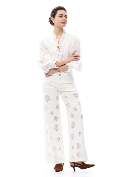 Bayeas Rose Cutout Mid Rise Wide Leg Jeans