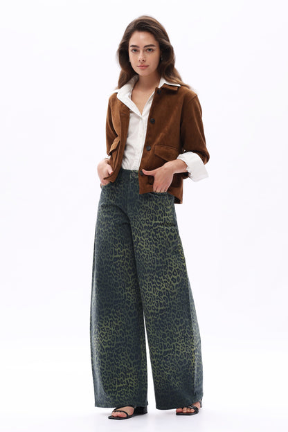 Bayeas High Rise Green Leopard Print Barrel Leg Jeans