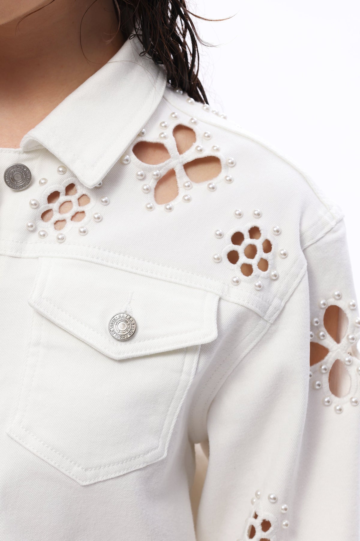Bayeas Pear Eyelet Long Sleeve White Denim Jacket
