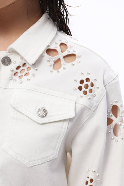 Bayeas Pear Eyelet Long Sleeve White Denim Jacket