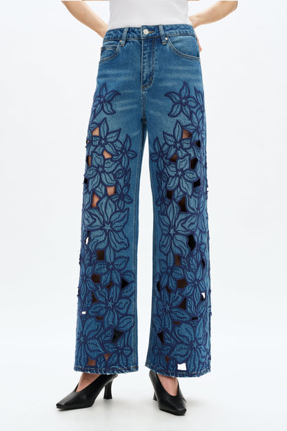 BAYEAS HIGH RISE EMBROIDERED CUTOUT FLOWERS WIDE LEG JEANS