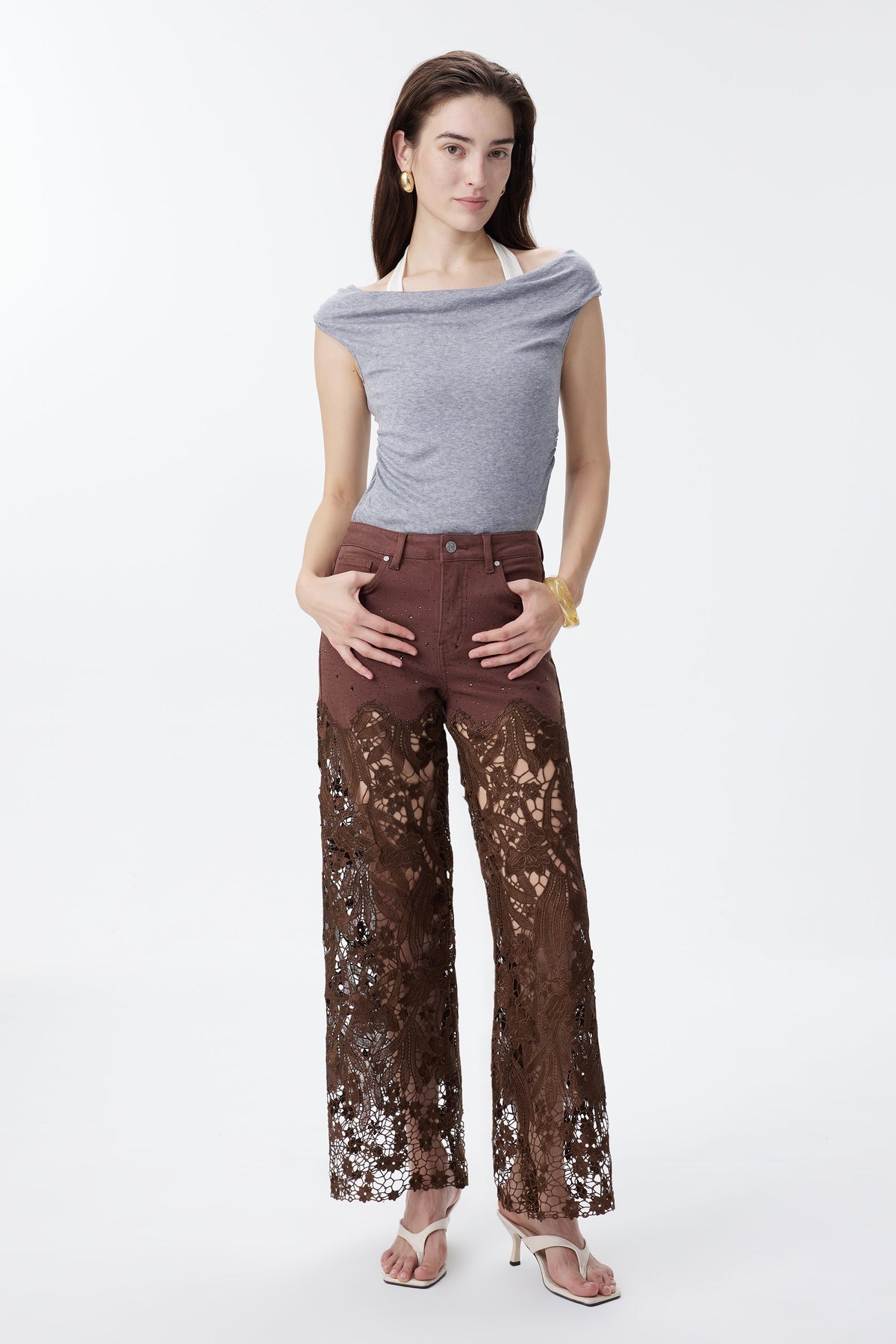 Bayeas Crystal Embellished Chocolate Lace Jeans