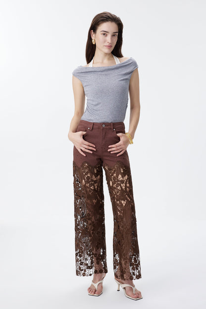 Bayeas Crystal Embellished Chocolate Lace Jeans