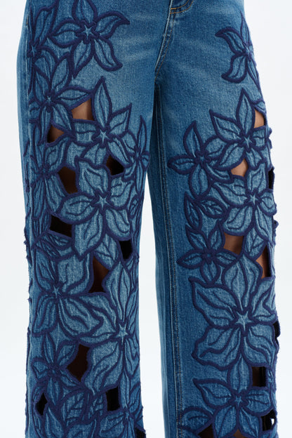 BAYEAS HIGH RISE EMBROIDERED CUTOUT FLOWERS WIDE LEG JEANS