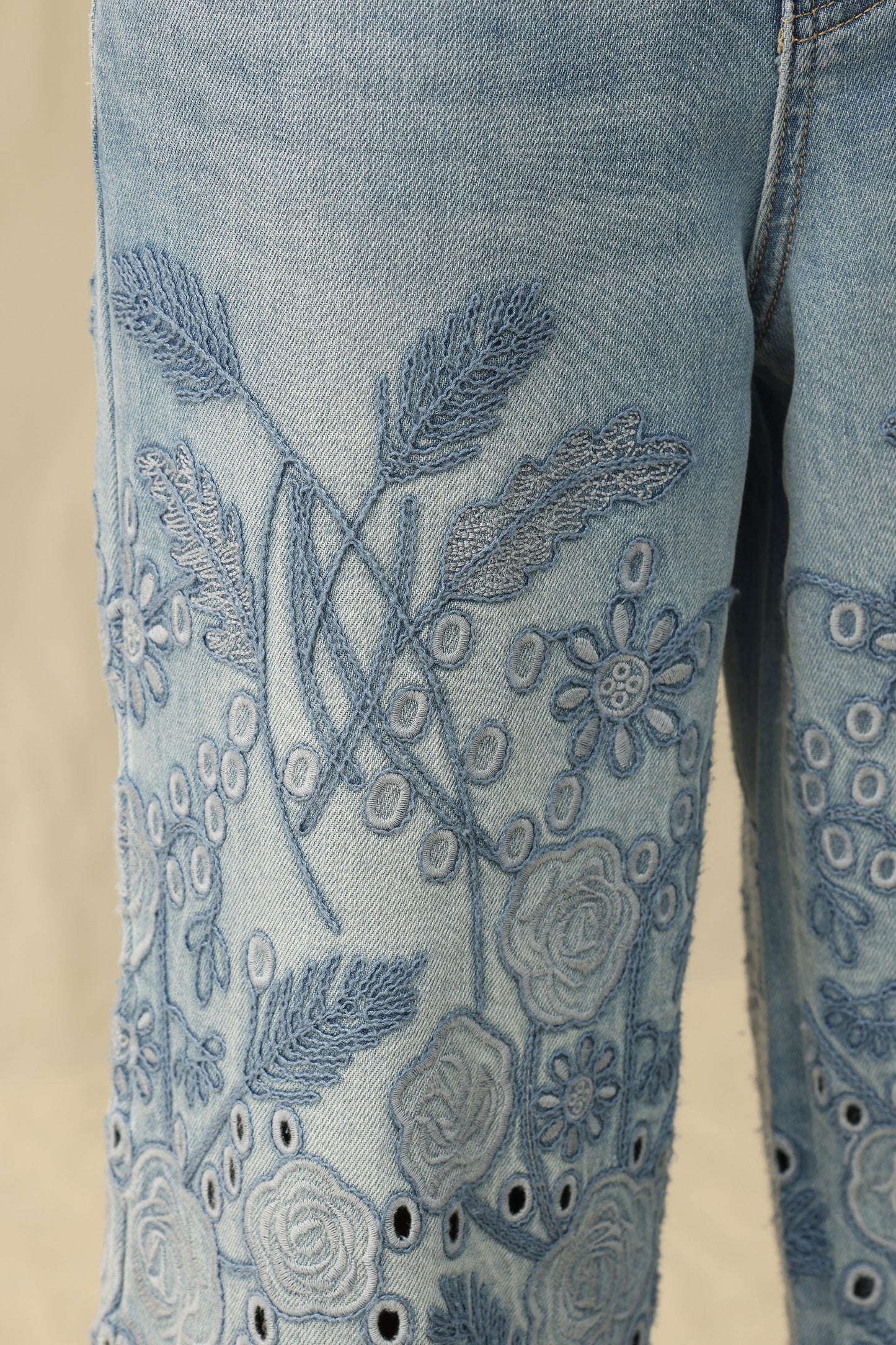 Bayeas Medium Blue High Rise Eyelet and Embroidery Wide Leg Jeans