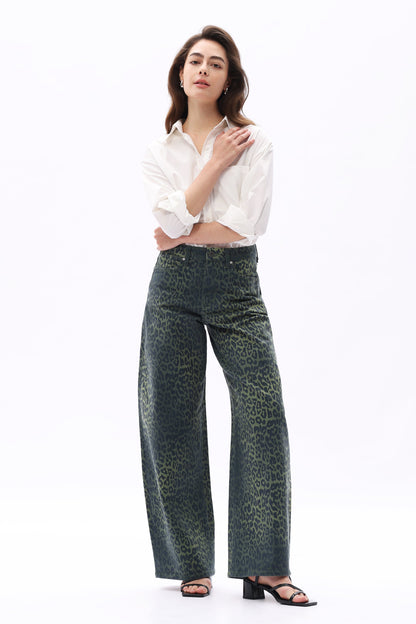 Bayeas High Rise Green Leopard Print Barrel Leg Jeans