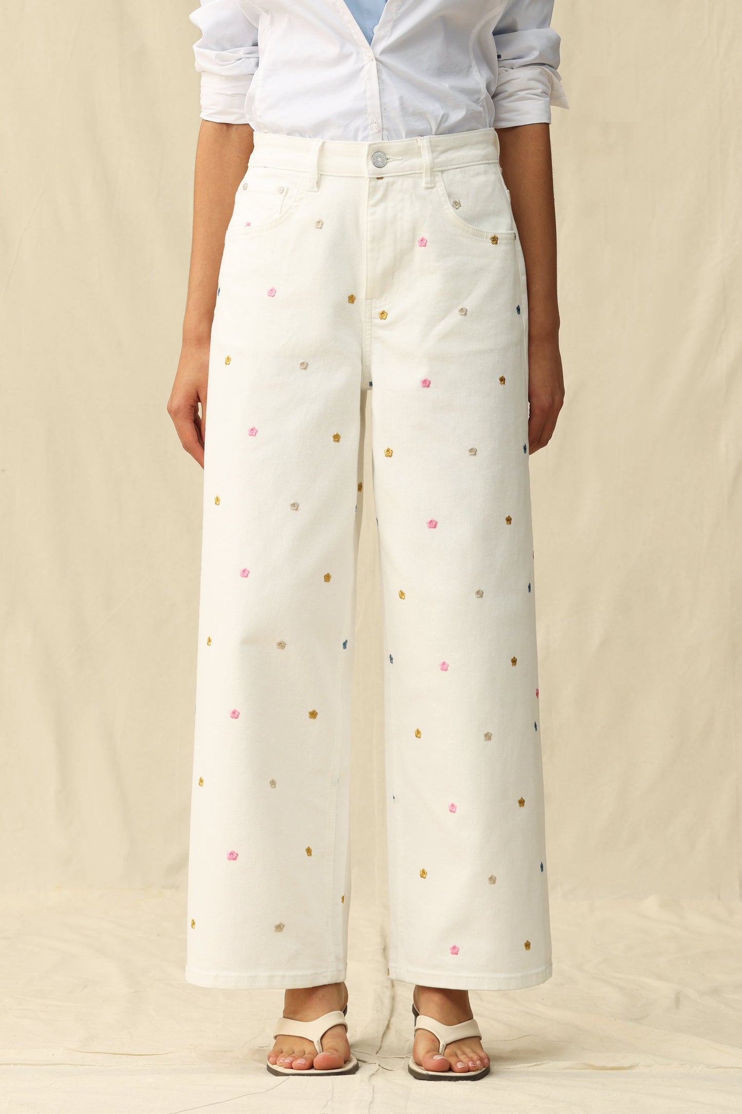 Bayeas High Rise Wide Leg Jeans with Multicolor Embroidery