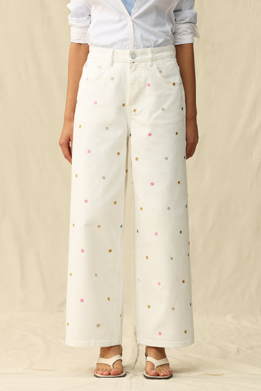 Bayeas High Rise Wide Leg Jeans with Multicolor Embroidery