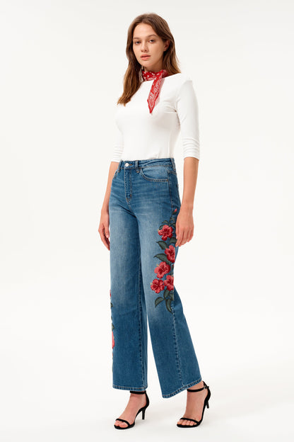Bayeas Paris Embroidered High Rise Straight Leg Jeans