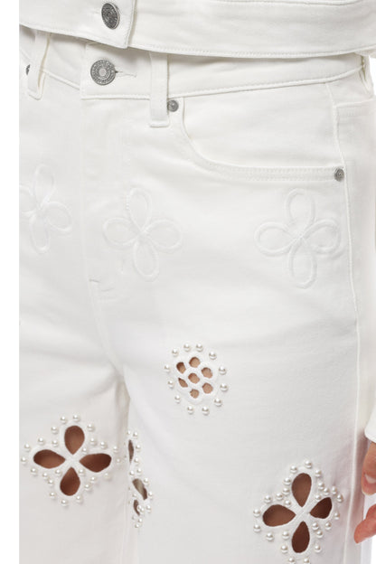 Bayeas Eyelet and Pearl Embellished High Rise Straight Jeans