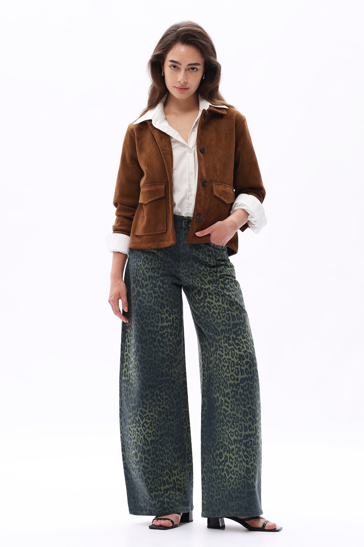 Bayeas High Rise Green Leopard Print Barrel Leg Jeans