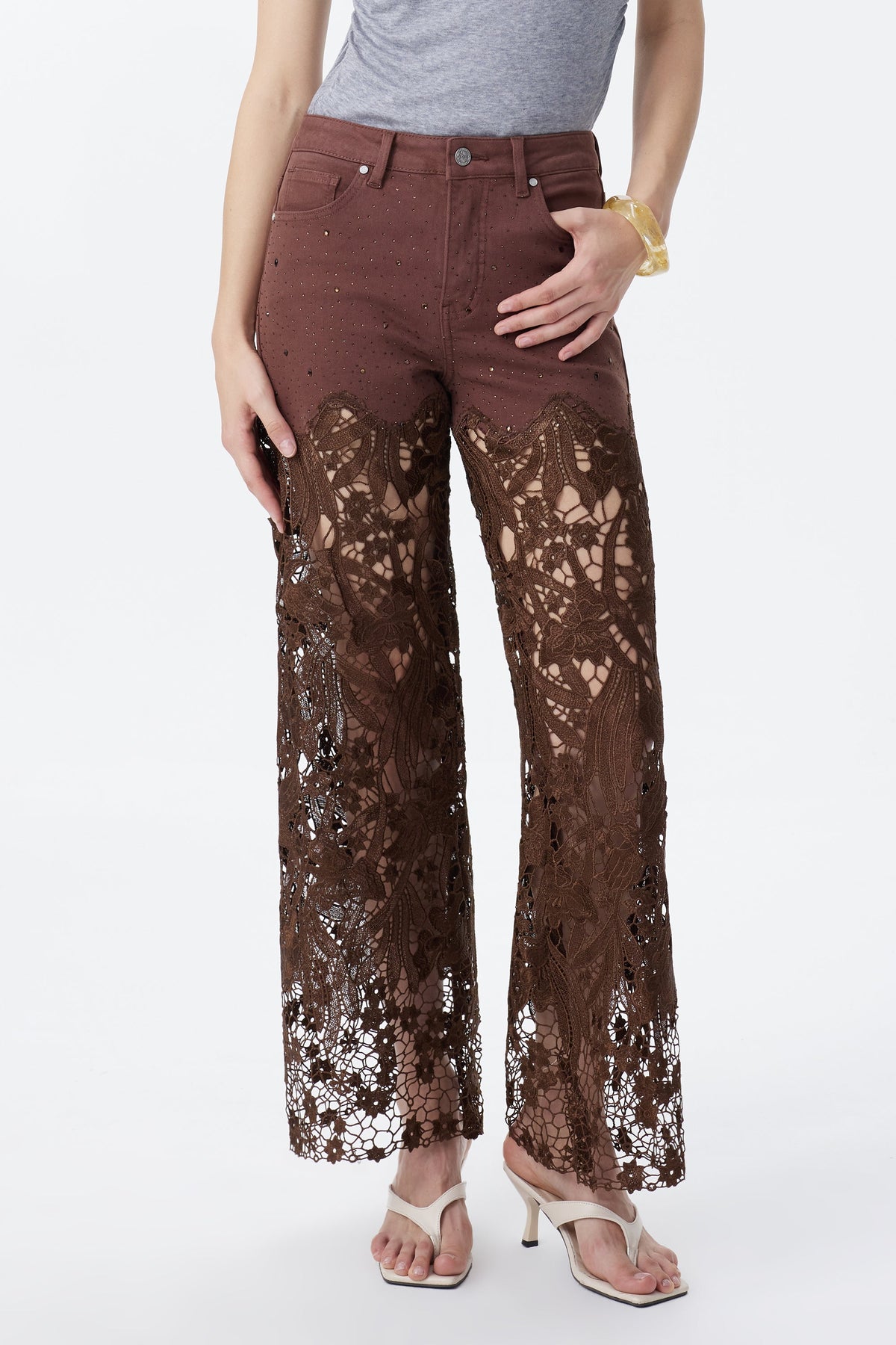 Bayeas Crystal Embellished Chocolate Lace Jeans