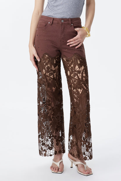Bayeas Crystal Embellished Chocolate Lace Jeans