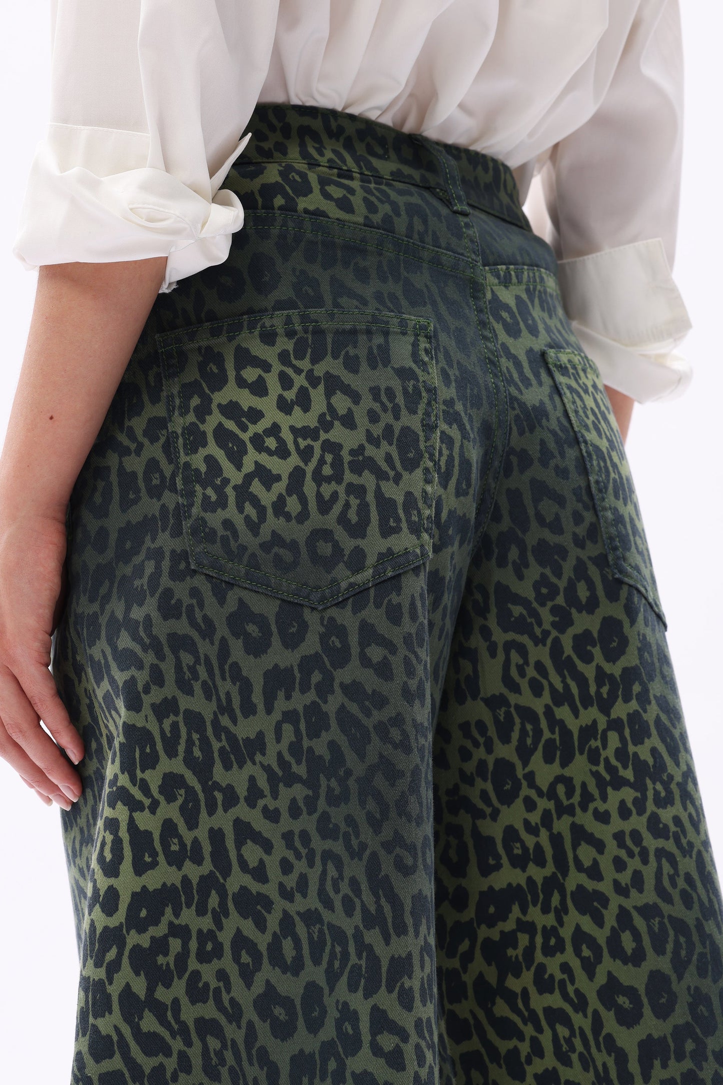 Bayeas High Rise Green Leopard Print Barrel Leg Jeans